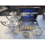 Silver plate to include a Maplin & Webb four piece tea service, a kettle and a fish knife and fork