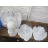 Three Parian Ware Angel wall hangings and an early 20th century bust