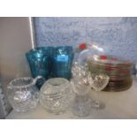 Modern turquoise glass sundae dishes and mixed glassware to include modern cobalt blue wine glasses,