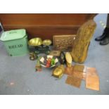 A miscellaneous lot to include an enamelled bread bin and 'The Milking' brass and green painted
