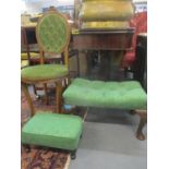 A reproduction French style salon chair with button back and two footstools with cabriole legs,