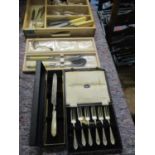 Boxed Laguiole salad servers, mixed silver plate and stainless steel cutlery and flatware, an Arthur