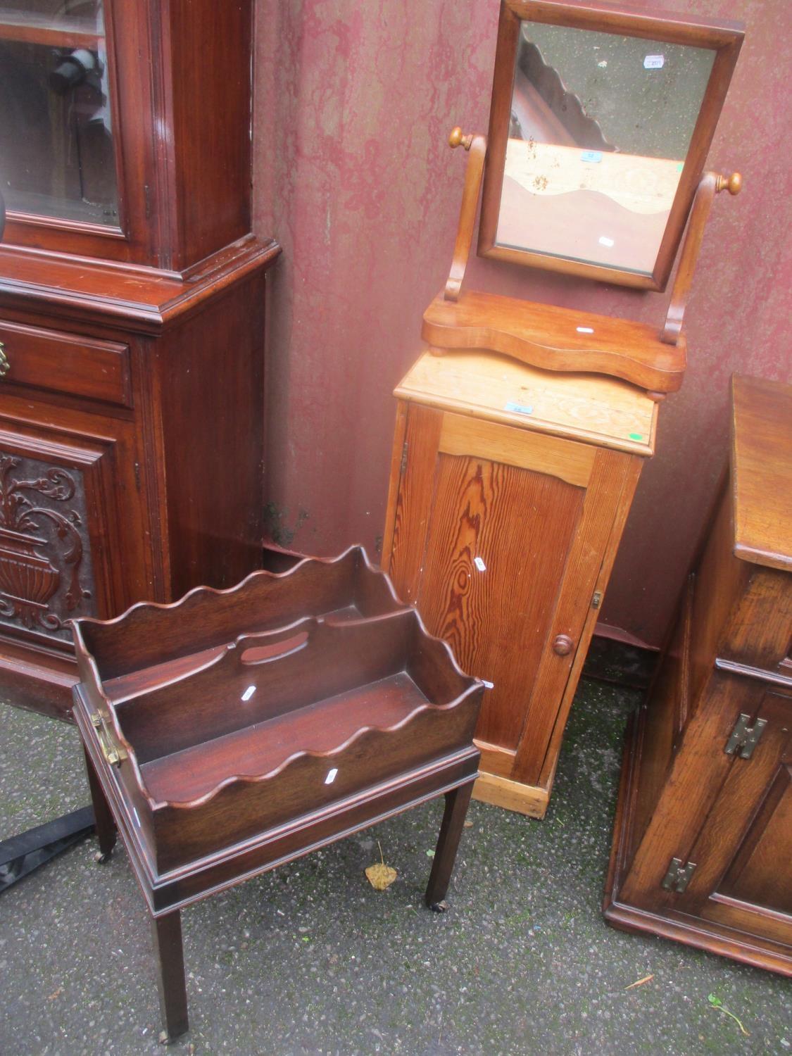 A Victorian dressing table swing mirror, pine cupboard and a mahogany magazine table