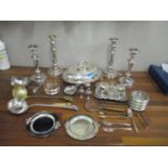 A mixed lot of silver plate to include a pair of Sheffield plated candlesticks