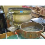 A large brass and twin handled planter, a copper twin handled cooking pot and a white metal