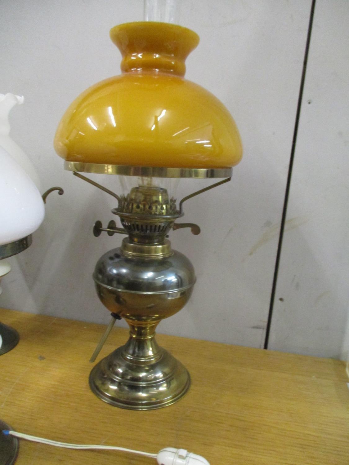 A Duplex oil lamp (converted to electricity) with glass shade and smoke funnel, three other table - Image 2 of 5