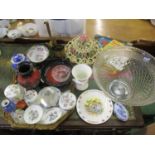 A large cut glass punch bowl 20cm h x 35cm diameter, together with a vintage pottery ceiling