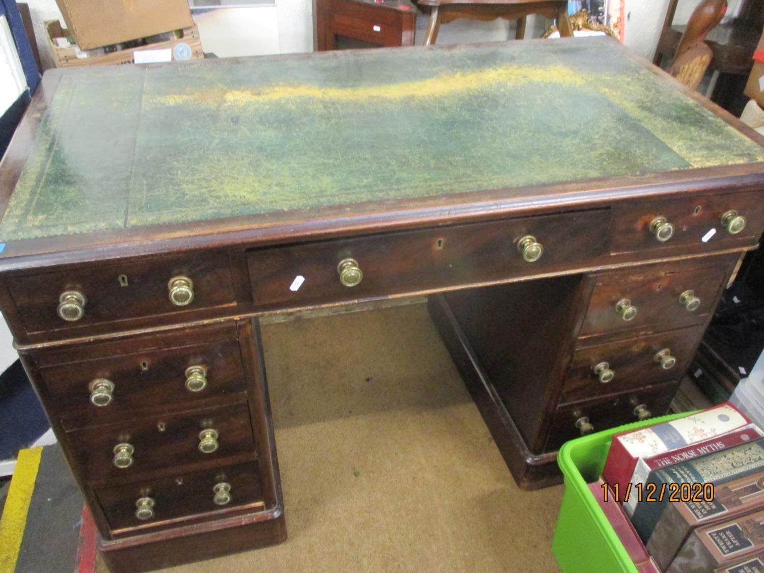 A mahogany twin pedestal desk with green leather scriber A/F