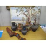 A group of five Sardinia terracotta pots, a clock from New Zealand and an oil on board signed Les