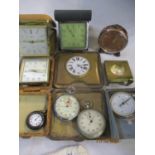 Mixed travel clocks to include a Smiths clock, together with a fob watch, two stop watches and a