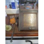 A Victorian rosewood and marquetry coal scuttle with ribbon swag ornament, along with fire