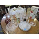 A selection of cut table and art glass to include a pair of Waterford decanters with stoppers, an
