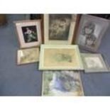 Pictures to include J Simmonds - a view of a door, a 19th century portrait, print a study of a