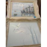 Two late 20th century oils on canvas, unsigned, comprising herons in flight and a harbour scene 39 x