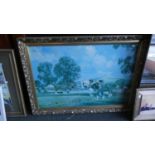 A Gilt Framed Print, Heavy Horses at Ploughing, 80cm Wide