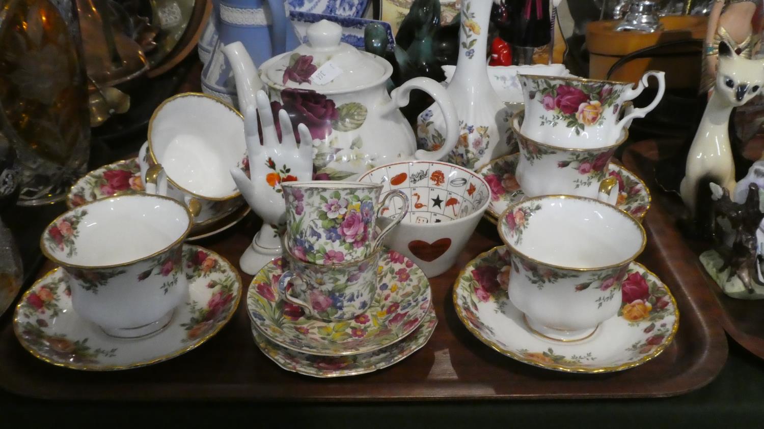 A Tray of Ceramics to Include Five Royal Albert Old Country Rose Teacups and Saucers, Pair of Summer