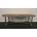 A Gilt Based Rectangular Coffee Table with Dolphin Supports Having Replacement Wooden Plank Top,