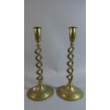 A Pair of Brass Spiral Candlesticks, 30cm high