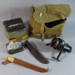 A Collection of Various Fishing Knives, Canvas Bag (War Department Mark for 1941), Daiwa Spinning