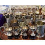 A Tray Containing Various Silver Plated Trophies, Pewter Tankards etc