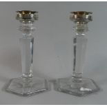 A Pair of Silver Topped Glass Candle Sticks, Birmingham 1914 by John Grinsell and Sons, 17.5cm High