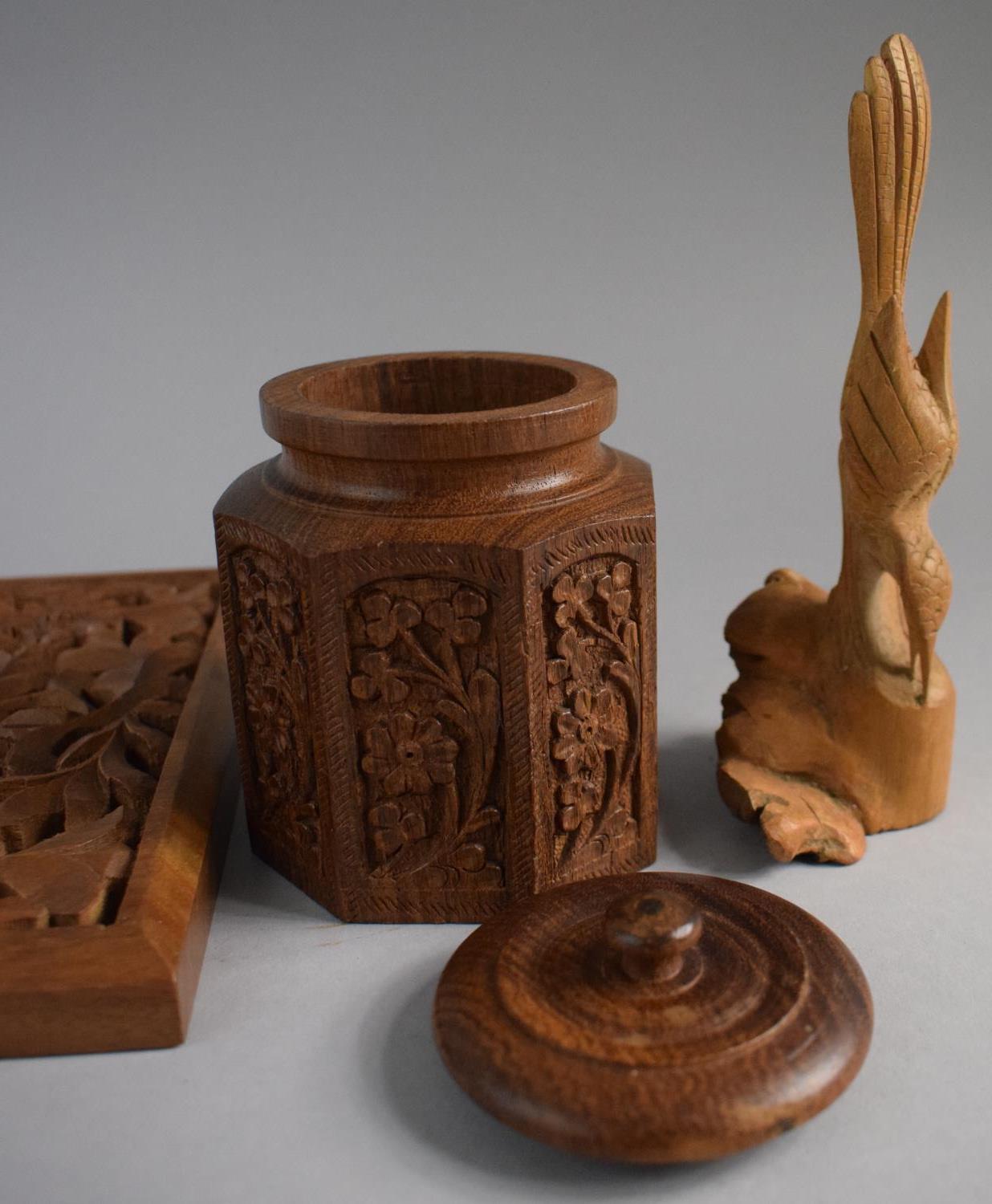 A Carved Oriental Octagonal Tea Caddy, Pierced Wall Hanging Decorated with Birds and a Root - Image 2 of 3