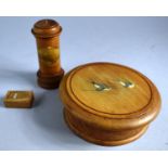 A Cylindrical Mauchline Ware Needle Case for Clare College Cambridge, a Treen Roulette Wheel with