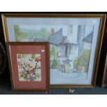 Two Framed Watercolors, Still Life Autumn Fruit and Village Street with Figures