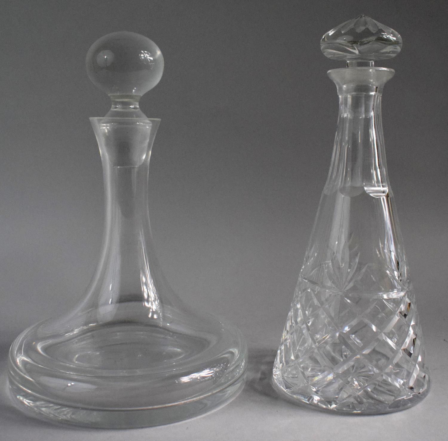 A Cut Glass Mallet Decanter Together with a Modern Ships Decanter