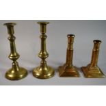 Two Pairs of Georgian Brass Candlesticks, One Telescopic and Stamped WS with Crown.