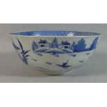 A Chinese Blue and White Footed Bowl with River, Boats and River Scene (Restored), 20.5cm Diameter