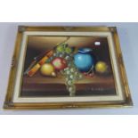 A Gilt Framed Oil on Canvas, Still Life, Violin, Fruit and Flowers, 40cm Wide