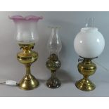 Two Brass Oil Lamps Converted to Electricity and a Glass Oil Lamp with Wavy Rim Chimney