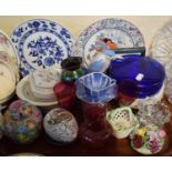 A Tray of Ceramics and Glass to Include Decorated Egg, Cranberry Glass Sherries and Jug, Ginger