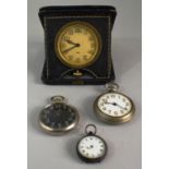 A Vintage Travelling Alarm Clock and Three Pocket Watches