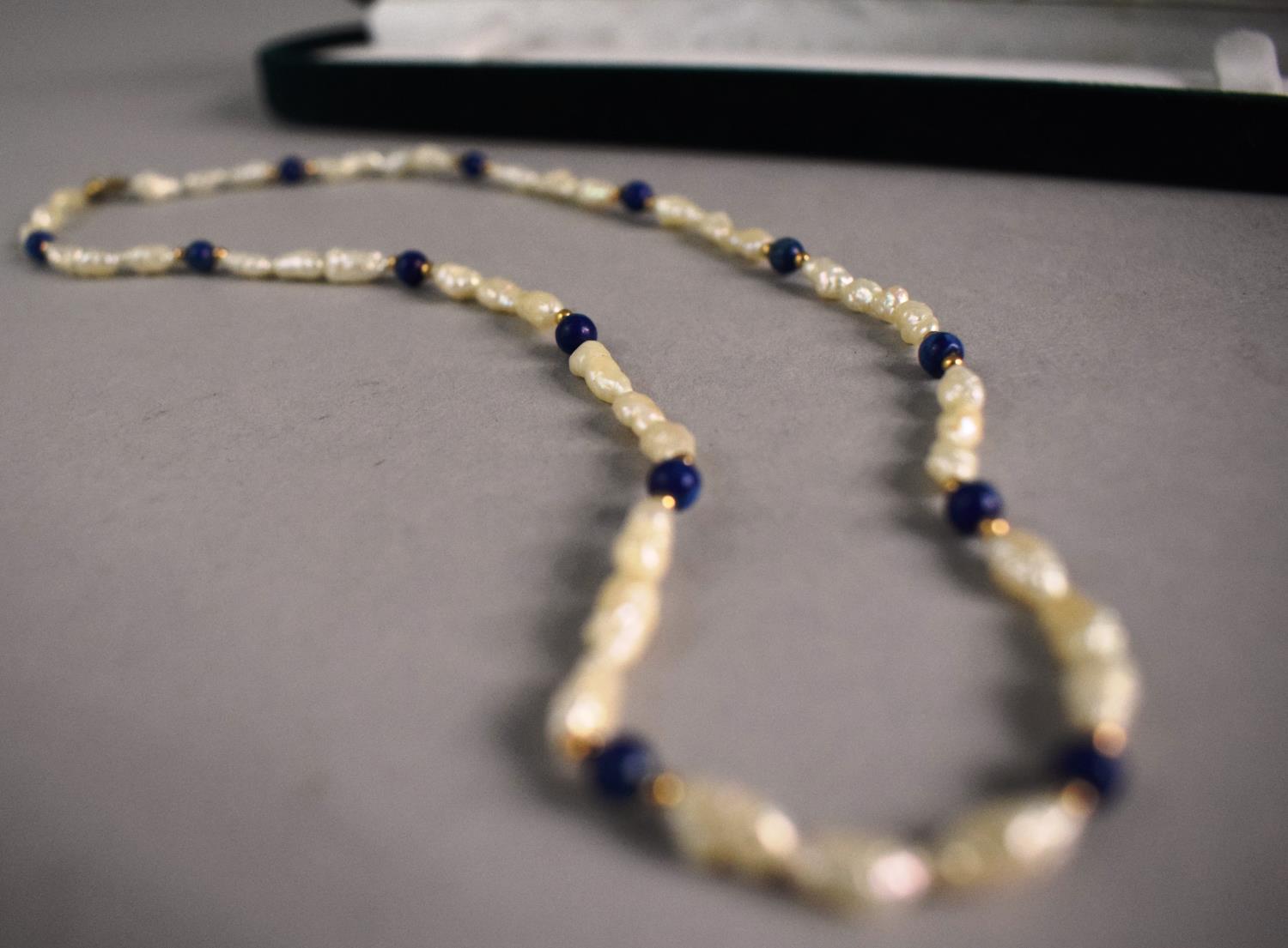 A Natural Pearl and Blue Stone Necklace with Gold Clasp - Image 2 of 2