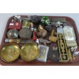 A Tray of Curios to Include Brass Golfing Dishes, Cylindrical Metal Boxes, Vintage Pipes and Hunting