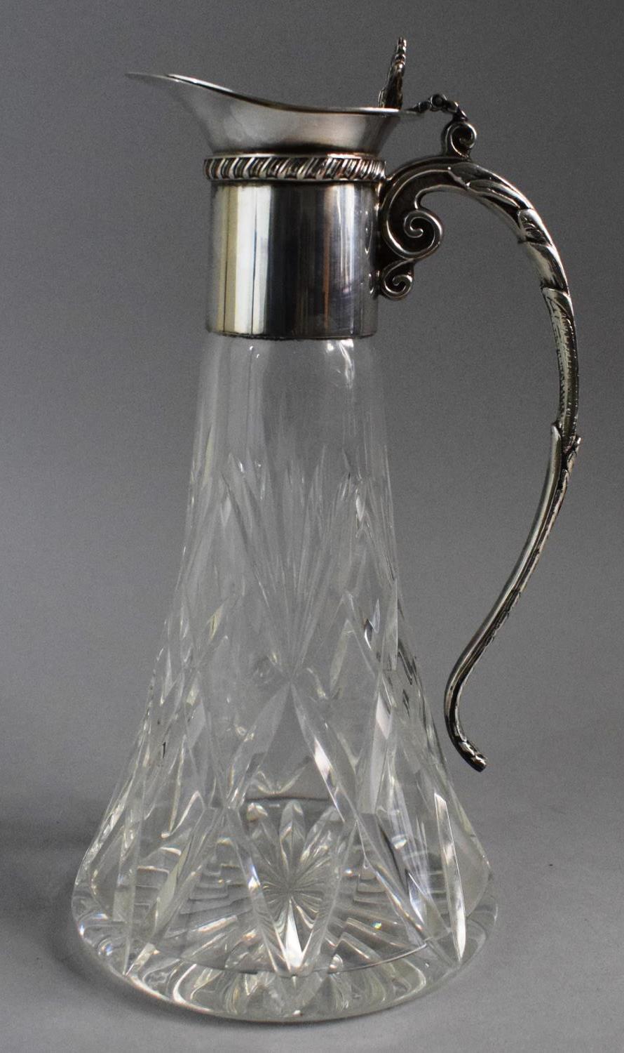 An Edwardian Royal Brierley Braemar Cut Mounted Glass Claret Jug with Silver Plate, 27cm High.