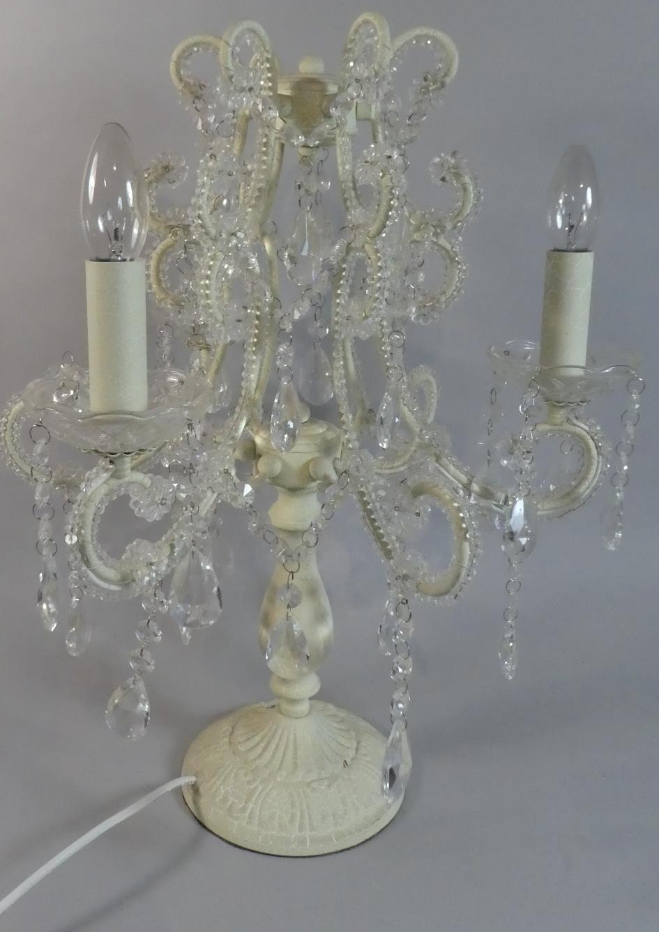 A Modern Ornate Three Branch Table Lamp with Crystal Droppers, 54cm High