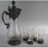 A Large Art Nouveau Pewter Mounted Glass Claret Jug by WMF Together with Four Matching Tumblers, Jug
