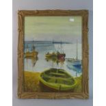 A Gilt Framed Oil on Board Depicting Fishing Boats in Harbour, 45cm High