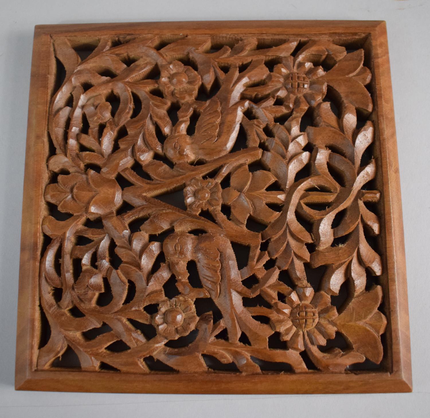 A Carved Oriental Octagonal Tea Caddy, Pierced Wall Hanging Decorated with Birds and a Root - Image 3 of 3