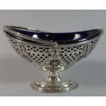 A Victorian Silver Boat Shaped Pierced Sugar Bowl with Original Blue Glass Liner, London 1896,