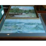 A Framed Oil on Board, Alpine River Together with a John Nicholson Harbour Print