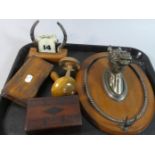 A Tray Containing Desktop Calendar, Horse Gong Stand, Wooden Cribbage Board, Drawing Set etc