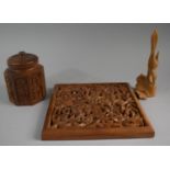 A Carved Oriental Octagonal Tea Caddy, Pierced Wall Hanging Decorated with Birds and a Root