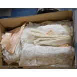 A Box Containing Various Table Linens, Embroideries, Crochet Work etc