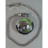 A Modern Chromed Cased "Woody Woodpecker" Pocket Watch with Chain, Working Order