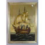 A Framed Oil on Board Depicting Three Masted Warship, 53cm High