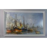 A Mid 20th Century Framed Oil on Board Depicting Continental Harbour with Fishing Boat, Signed